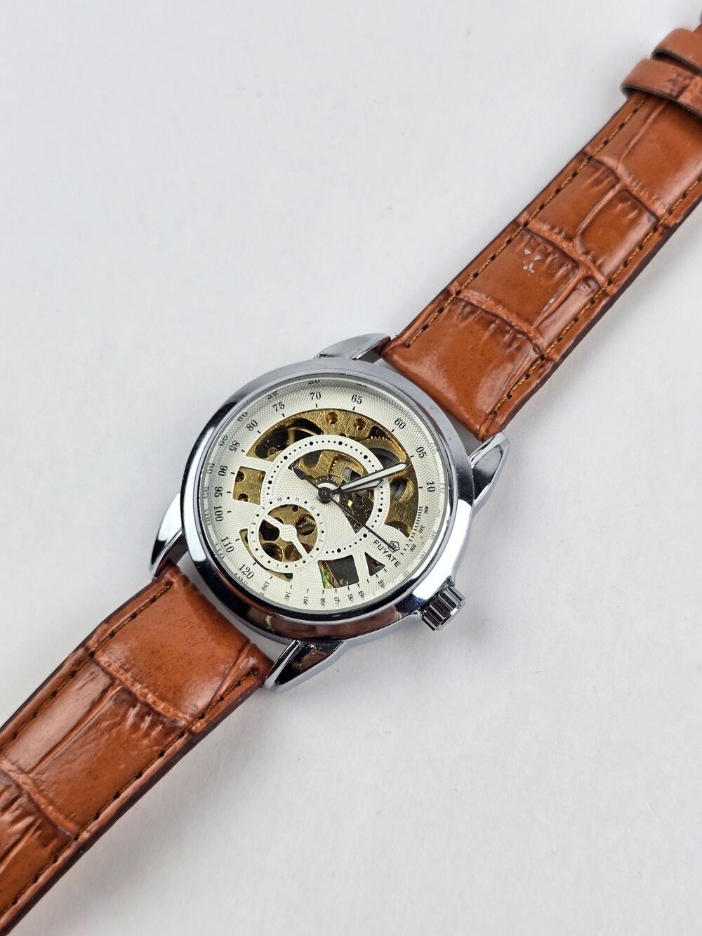 Fuyate 40mm Automatic Men’s Watch Skeleton - Tan Brown leather strap Runs